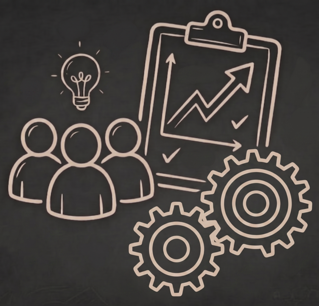 icons of three people with a lightbulb showing an idea, a growing chart and cooperating gears